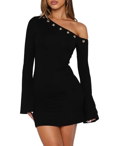 OOQONQ Women's Fall Off The Shoulder Long Flared Sleeve Mini Dress Neckline with Silver Eyelet Bodycon Party Club Dresses