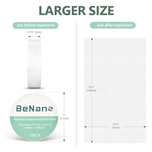 Benano Premium Compressed Towel Tablets Disposable Towel 55.1 in x 27.5 in Large Bath Towel Travel Towel Reusable for Hote...
