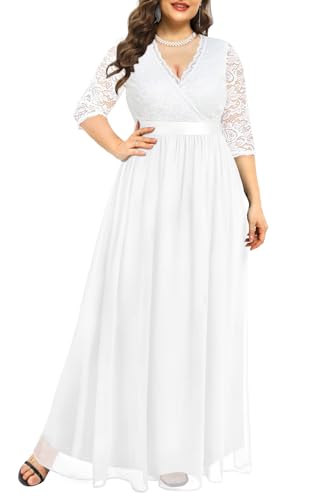 Pinup Fashion Wedding Dresses for Bride Plus Size - Formal Evening Gown Wrap Neck Lace Chiffon Long Dress
