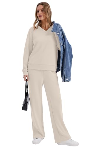 WIHOLL Lounge Sets for Women 2025 V Neck 2 Piece Outfits Airport Wide Leg Pants Matching Set Sweatsuits