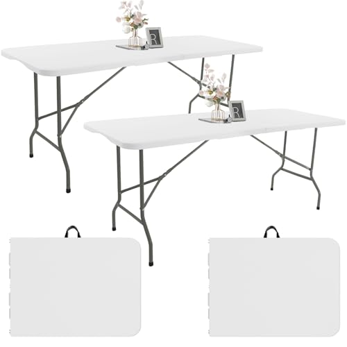 Fivenl 2 Pack 6 FT Folding Tables White Foldable Table, Fold-in-Half with Carrying Handle Portable Plastic Rectangular Tab...