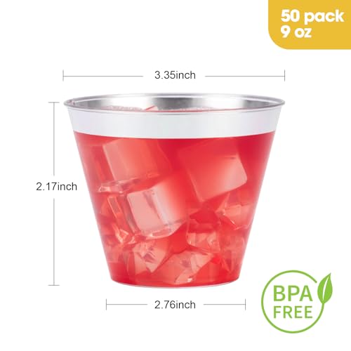 Goodluck 50PCS 9oz Plastic Cups for Party, Disposable Silver Plastic Cups, Cocktail Glasses for Wedding Thanksgiving, Chri...