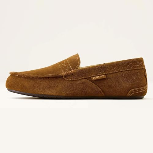 ARIAT Men's Clayton Moccasin Slippers - Durable Genuine Suede Warm Casual Stylish Indoor/Outdoor Shoes with Plush Boa Lining