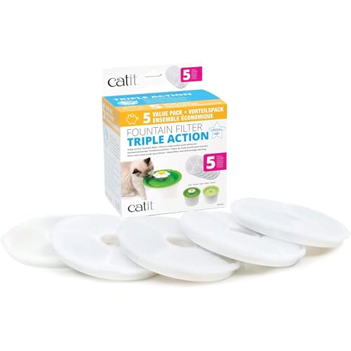 Catit Triple Action Replacement Original Water Fountain Filters, 5 Pack – Official Replacement Filters for Catit Cat Drink...
