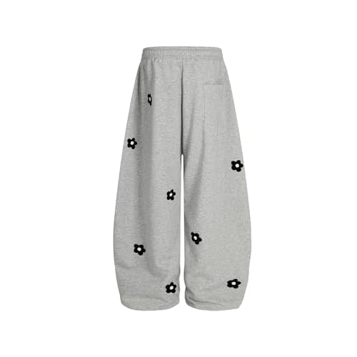 Aelfric Eden Baggy Wide Leg Sweatpants Flower Embroidery Casual Y2K Elastic Drawstring Lantern Barrel Lounge Trouser Pants