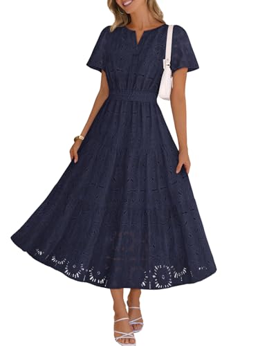 MEROKEETY Women's Spring Summer Floral Maxi Dress 2026 Boho Eyelet Hollow Out Lace Short Sleeve A Line Tiered Flowy Dresses