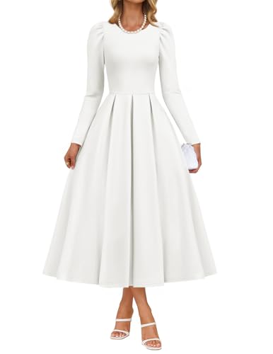 ZESICA Women's Long Sleeve Midi Dresses 2026 Fall Elegant Crewneck Swing A Line Wedding Guest Party Dress with Pockets