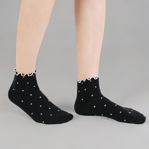 kikiya socks Women Cute Ankle | 5 Pairs Ruffle Design with Polka Dots Pattern Cute Frilly Lace Mid Cut Black White Gray Wine Navy Print Daily Cotton Socks | Womens Ladies Girls Gift | Ruffle Dot A
