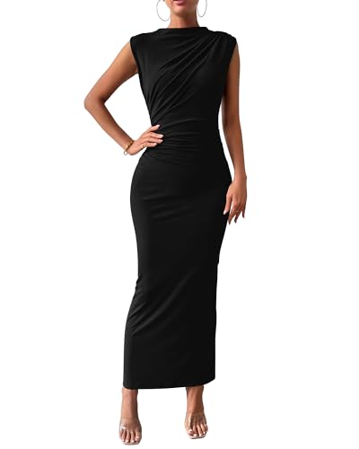 BTFBM Women's Ruched Bodycon Dress Summer Casual Sleeveless Lightweight Back Slit Elegant Club Party Cocktail Maxi Dresses