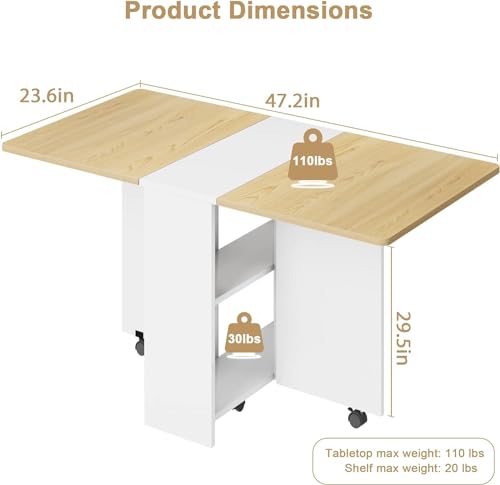 GarveeHome Folding Dining Table, Space Saving Farmhouse Dining Table for 4 Storage Shelf, 6 Wheels Multipose Expandable Ki...
