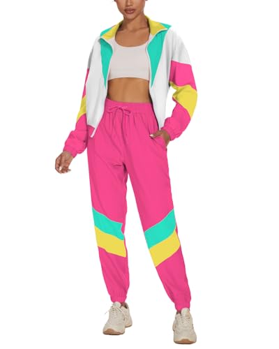 UOUA Women's Color Block 2 Piece 80s 90s Outfits Long Sleeve Windbreaker Jacket Tracksuit Set