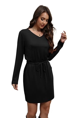 OFEEFAN Fall Dresses for Women 2025 Loose V Neck Long Sleeve T Shirts Casual Sundresses Tie Front A-Line Dresses