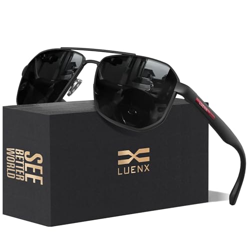 LUENX Aviator Sunglasses for Men Square Polarized Polygon Lens - UV 400 Protection with Accessories 61MM Driving Outdoor