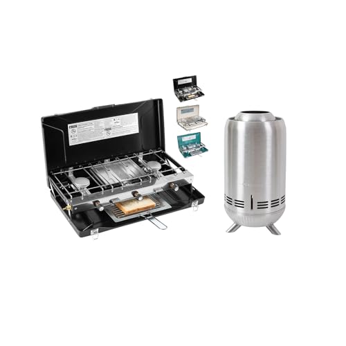 Camping Stove 3 Burner 20400 BTU Propane Portable Stove with 6.4 * 12IN Smokeless Tabletop Fire Pit with Stand