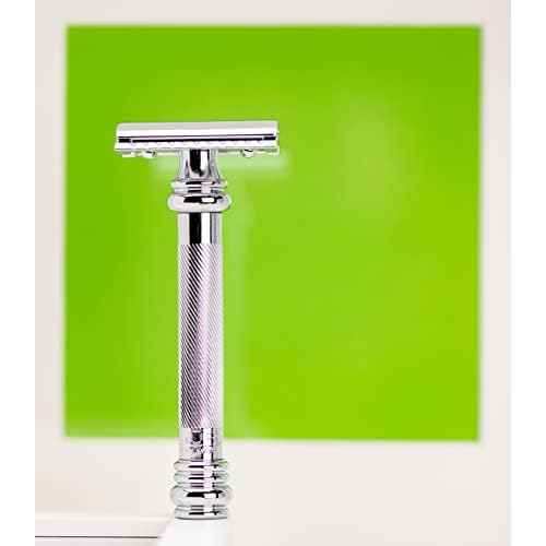 MERKUR 38C Double Edge Safety Razor - Bright Chrome, Extra Large Barber Pole Grip Brass Handle, Made in Germany, Plastic-Free, Two Piece Design, Closed Comb, Straight Bar