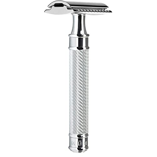 M?HLE R 89 Shaving Set 5 Pieces - Safety Razor with Closed Comb Chrome-Plated Metal Blade, Cream, Cloth - Silver