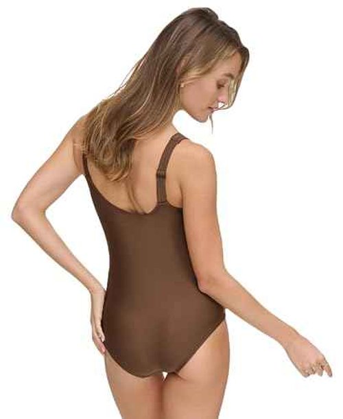 DKNY Women's Twist Front Keyhole One Piece Swimsuit, Mocha Shimmer, Small