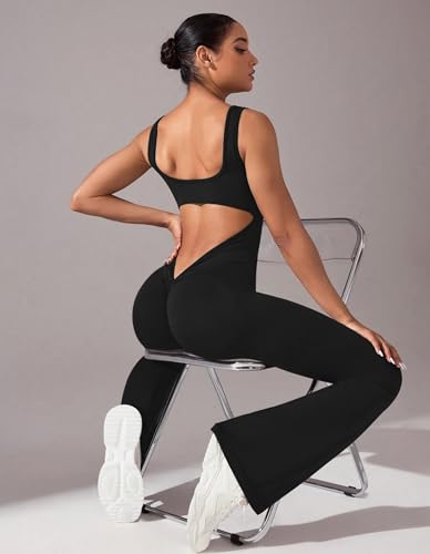 OLCHEE Womens Flare Jumpsuits One Piece Seamless Butt Scrunch Workout Romper Square Neck Backless Wide Leg Unitard