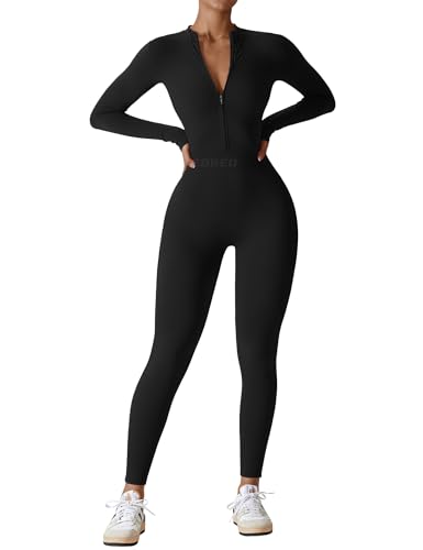 YEOREO Women Long Sleeve Workout Jumpsuit Zip Up Romper Bottom Pants Bodysuit Bodycon Sexy One Piece