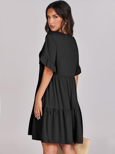 ANRABESS Dresses for Women Summer 2026 V Neck Ruffle Sleeve A Line Tiered Flowy Casual Trendy Mini Beach Dress with Pockets