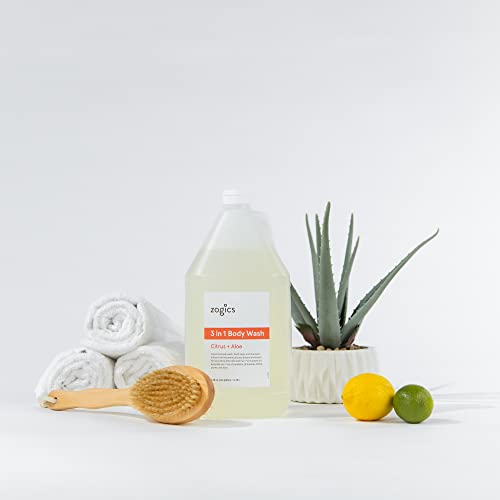 Zogics 3-in-1 Body Wash ? Body Soap, Shampoo, and Hand Soap Liquid Refill All-in-One, Hydrating Plant-Based Formula, Refreshing Citrus + Aloe Scent (4 Gallons/Case)