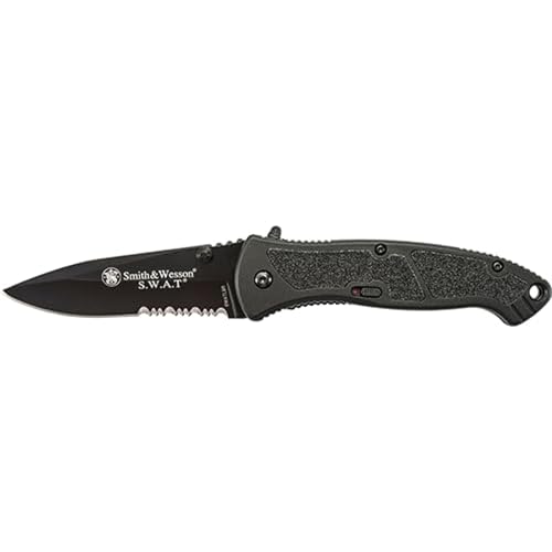 Smith & Wesson Large S.W.A.T. SWATLBS 8.5in S.S. Assisted Opening Knife with 3.7in Serrated Drop Point Blade and Aluminum ...