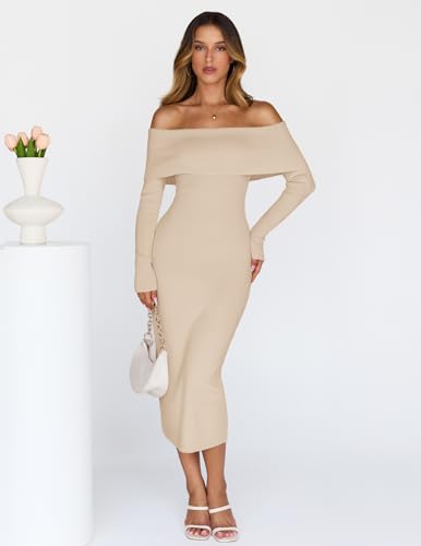 MEROKEETY Women's Winter Off Shoulder Bodycon Sweater Dress 2026 Spring Formal Long Sleeve Elegant Club Party Midi Dresses