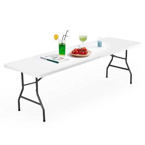 DUMOS 8 Feet Plastic Folding Table, Outdoor Portable Heavy Duty Table with Carrying Handle, Lock for Camping Picnic Party ...