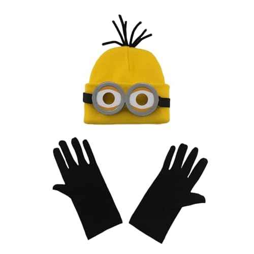 Women Men Halloween Costume Accessory Set, Yellow Knit Beanie Hat with Goggles and Black Gloves, 3-Piece