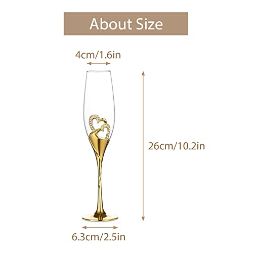 Wedding Champagne Glass Set Gold Toasting Flute Glasses Deluxe Pack of 2 with Rhinestone Rimmed Hearts Decoration for Wedd...