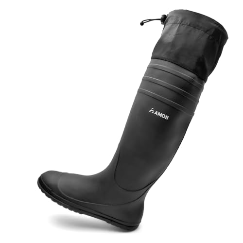 Amoji Mens Rubber Rain Boots Knee High Waterproof Packable Tall Garden Boots Lightweight Farm Mud Boots NOT FOR WIDE CALF