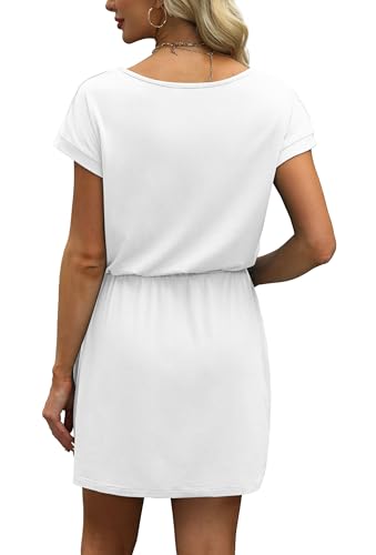 OFEEFAN Summer Dresses for Women 2026 V Neck T Shirt Casual Mini Dresses Tie Waist Sundresses with Pockets