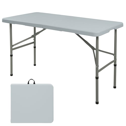 Folding Table 4FT Camping Table Portable Heavy Duty Plastic Rectangular Outdoor Dining Table Steel Legs Fold-in-Half with ...