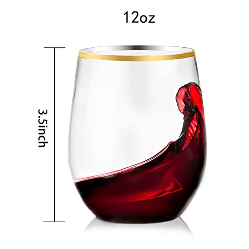 SUT 32 Pack 12oz Gold Rimmed Plastic Wine Glasses Stemless, Disposable Wine Cups with Premium Quality, Reusable, Unbreakab...