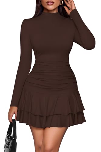 PRETTYGARDEN Womens Spring Long Sleeve Dresses 2026 Mock Neck Ruched Y2K Clothes Ruffle Layered Bodycon Mini Party Dress