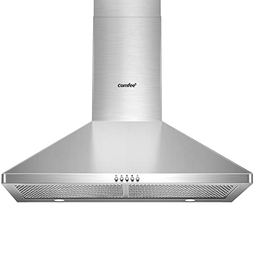 COMFEE' CVP30W6AST Ducted Pyramid Range 450 CFM Stainless Steel Wall Mount Vent Hood with 3 Speed Exhaust Fan, 5-Layer Alu...