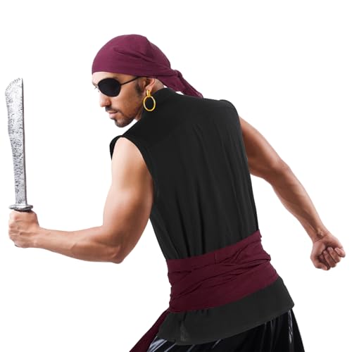 Boyiee 5 Pcs Men Pirate Costume Set for Women Adult Medieval Renaissance Shirt Bandana Sash Belt for Halloween Cosplay Party