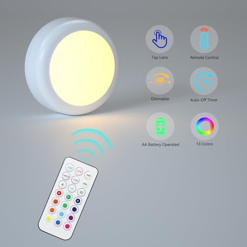 SEMSMOKS Puck Lights with Remote Control, Battery Operated LED Push Light Wireless, 13 Color RGB - for Closet, Bedroom Wal...