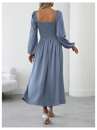 Floerns Women's Square Neck Lantern Long Sleeve Dress Split Ruched Party Midi Dresses