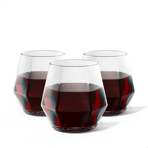 TOSSWARE POP 12 oz. Diamond Vino Stemless Plastic Wine Glass Set - Clear Plastic Wine Glasses for Parties - Shatterproof &...