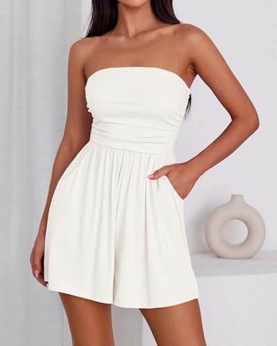 BTFBM Womens Romper 2026 Spring Summer Strapless Tube Tops Beach Vacation Clothes Boho Loose Shorts Jumpsuits Pockets