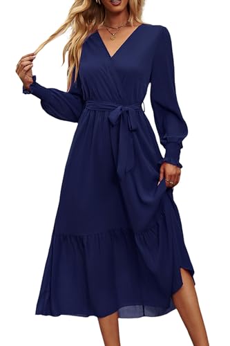PRETTYGARDEN Women's Floral Boho Dress Fall Long Sleeve Wrap V Neck Ruffle Flowy Maxi Spring Wedding Guest Vacation Dresses