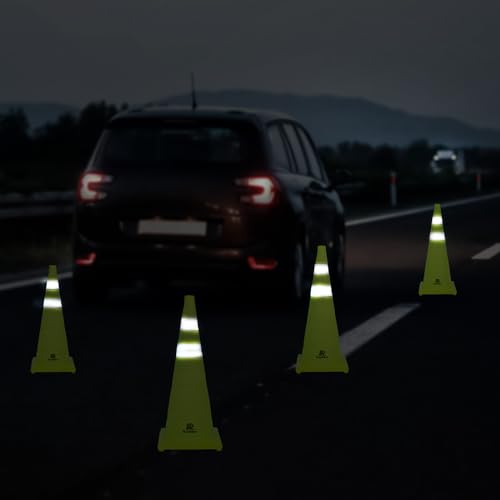 RoadHero 28 Inch 4 Pack Collapsible Traffic Safety Cones, Lime Green Pop-up Cones with Reflective Collar for Road Safety, ...