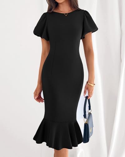 BTFBM Women Formal Wedding Guest Cocktail Dresses 2026 Short Sleeve Ruffle Mermaid Work Bodycon Elegant Midi Summer Dress