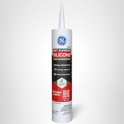 GE Supreme Silicone Caulk for Kitchen & Bathroom, White, 10 fl oz Cartridge, 1 Pack - 100% Waterproof Silicone Sealant, 7X Stronger Adhesion, Shrink & Crack Proof