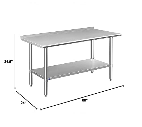 ROCKPOINT Stainless Steel Table for Prep & Work with Backsplash 24x60 Inches, NSF Metal Commercial Kitchen Heavy Duty Table with Adjustable Under Shelf and Table Foot for Restaurant, Home and Hotel