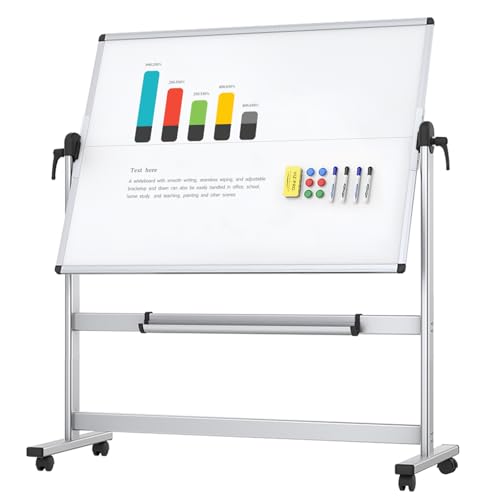 VIZ-PRO Double-Sided Mobile Whiteboard, 48 x 36 Inches, Magnetic Rolling Dry Erase White Board on Wheels with Aluminium Fr...