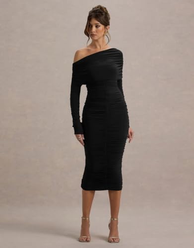 LAGSHIAN Women's Elegant Bodycon Long Sleeve Midi Dress Fall Off The Shoulder Ruched Cocktail Party Dresses
