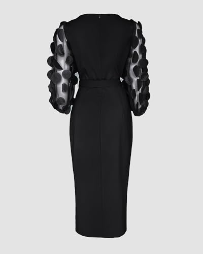 CHICME Bodycon Midi Dress for Women Mesh Puff Sleeve Slit Work Cocktail Wedding Dresses with Belt