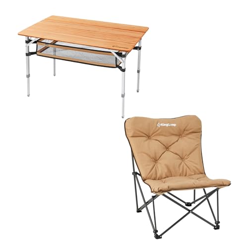 KingCamp Bamboo Folding Table with Storage Mesh Layer & Padded Oversized Camping Chair